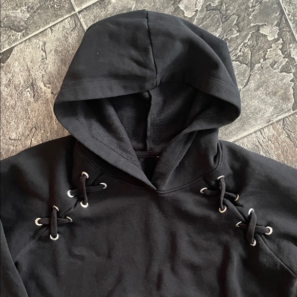Women’s Black Hoodie with Laces Detail Grunge Whimsigoth Streetwear - Picture 2 of 7
